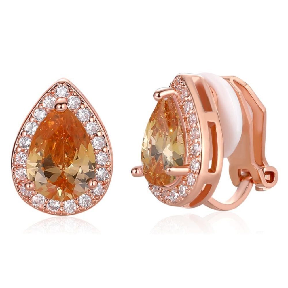 Rose Gold Champagne Topaz and Diamond Cubic Zirconia Teardrop Clip On Earrings